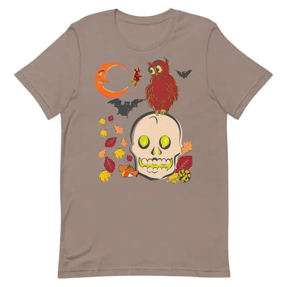 Taupe Skull Owl Unisex T-Shirt featuring Halloween design with bats and autumn leaves