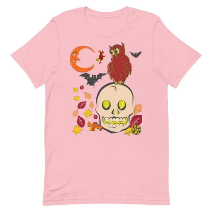 Pink unisex t-shirt featuring Halloween skull, owl, bats, and autumn art scene design