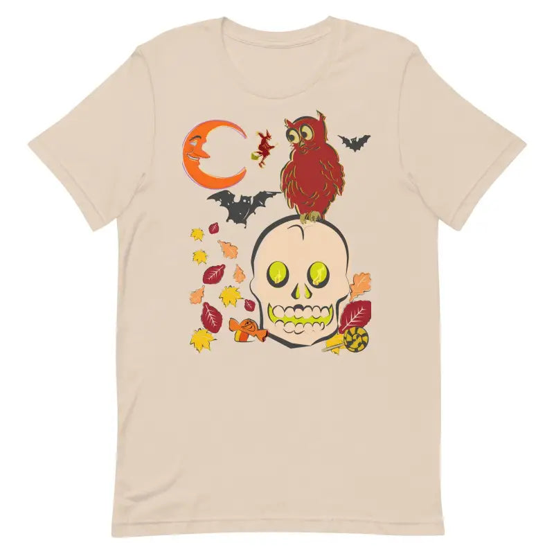 Beige Skull Owl Unisex T-Shirt showcasing Halloween design with skull, owl, bats, and leaves