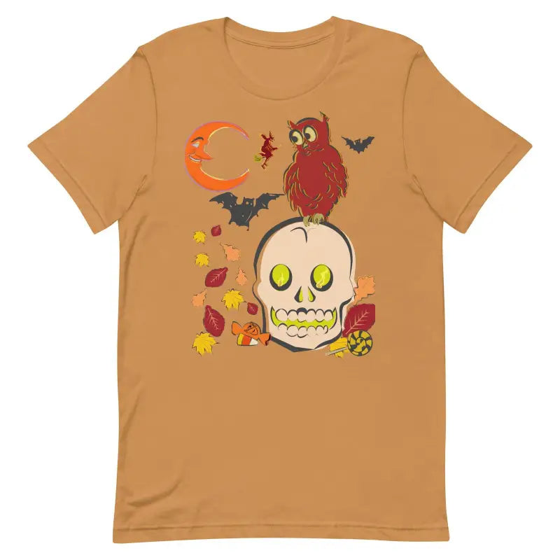 Brown Skull Owl Unisex T-Shirt showcasing Halloween spirit with skull, owl, bats, and leaves