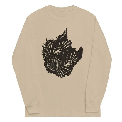 Beige long sleeve shirt featuring a spooky black cat face design for Halloween