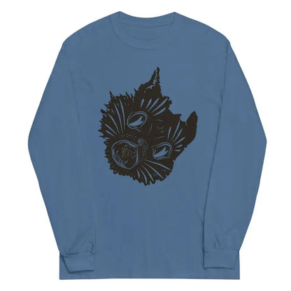 Blue long sleeve shirt featuring a spooky black cat face design for Halloween