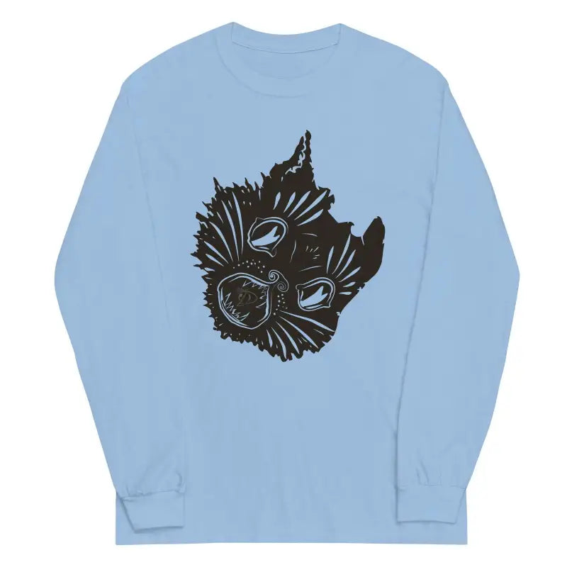 Light blue long sleeve shirt featuring a whimsical spooky black cat face design for Halloween