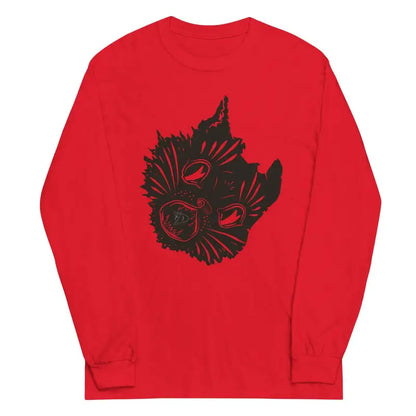 Red long sleeve Halloween shirt featuring a whimsical black cat face design