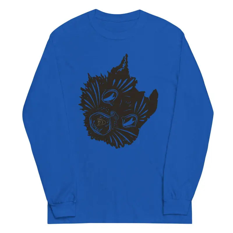 Royal blue long sleeve shirt featuring a spooky black cat face graphic for Halloween