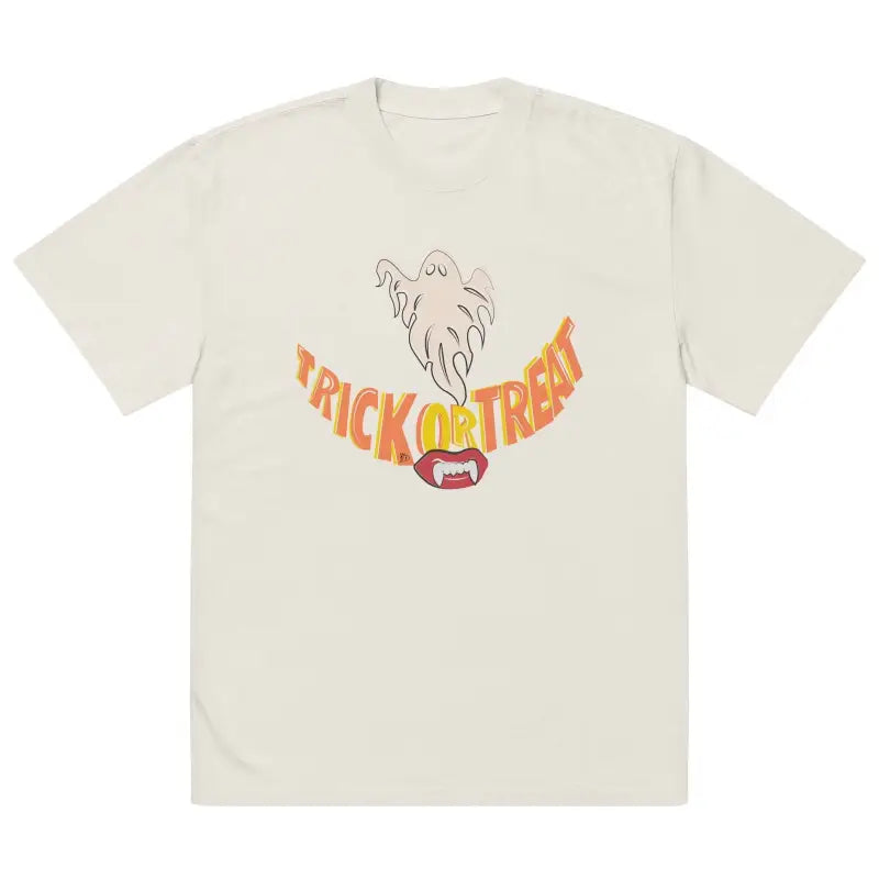 Cream-colored Treat Smiles Oversized T-shirt featuring ghost and Trick or Treat design