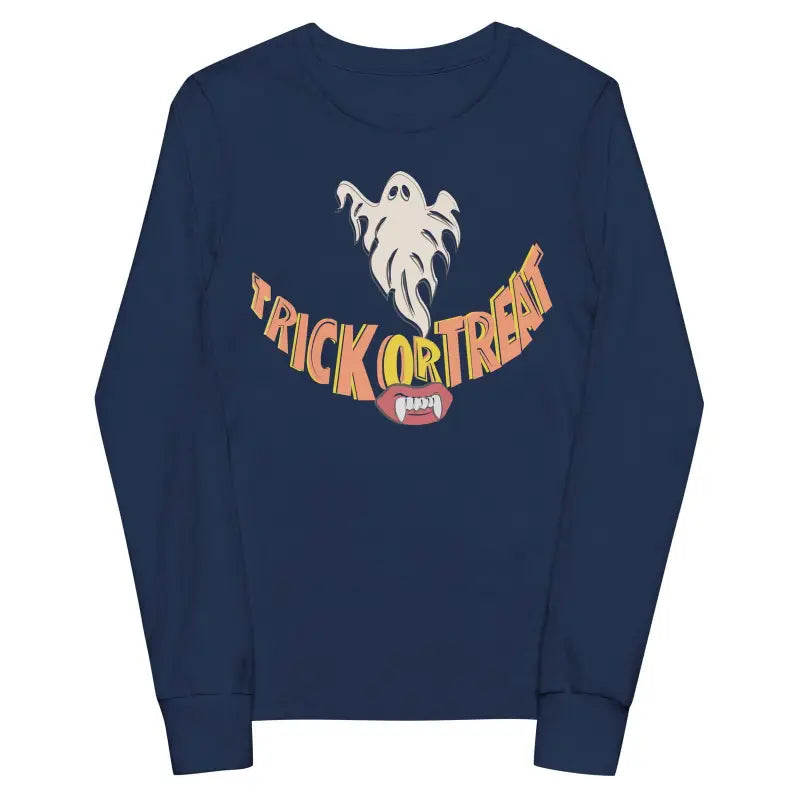 Navy blue Whimsical Treat Smiles Youth Unisex Sweatshirt featuring ghost and Halloween design