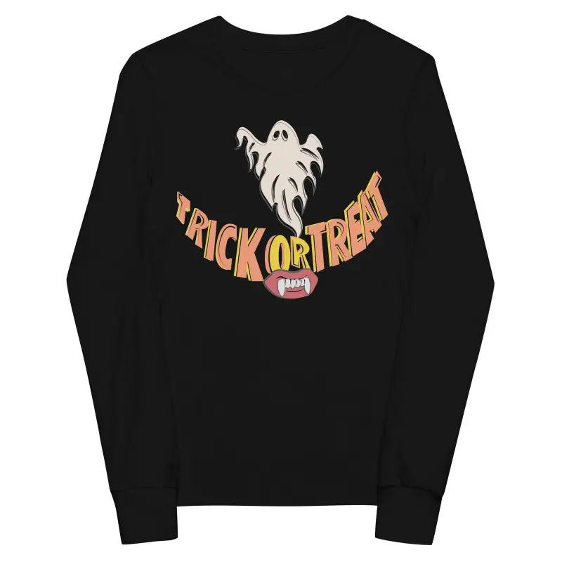 Black sweatshirt with ghost and Trick or Treat design for Whimsical Treat Smiles Youth