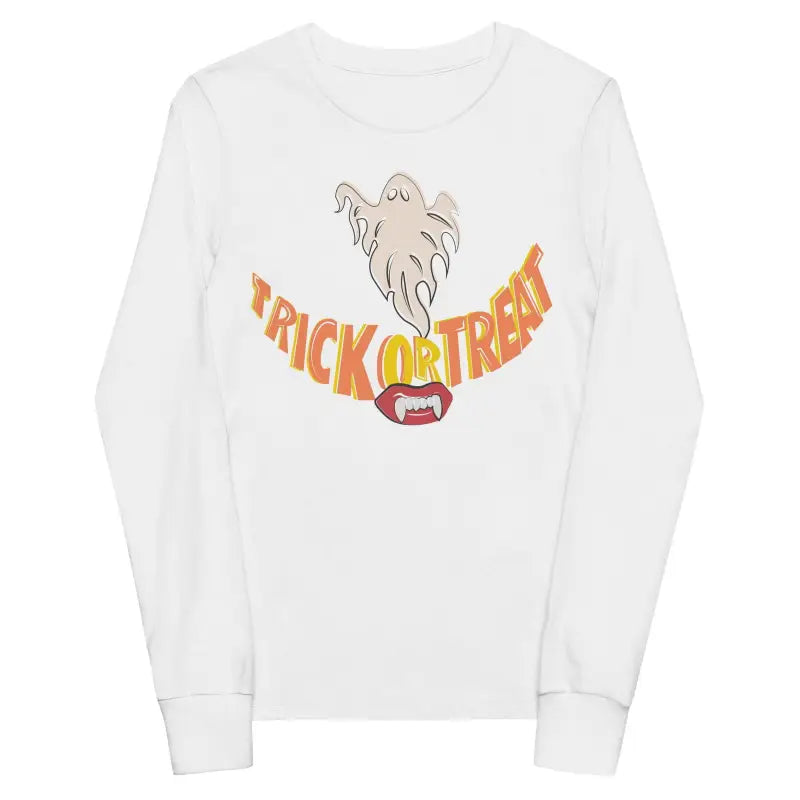 White long-sleeve shirt with ghost and Trick or Treat design for Treat Smiles Youth