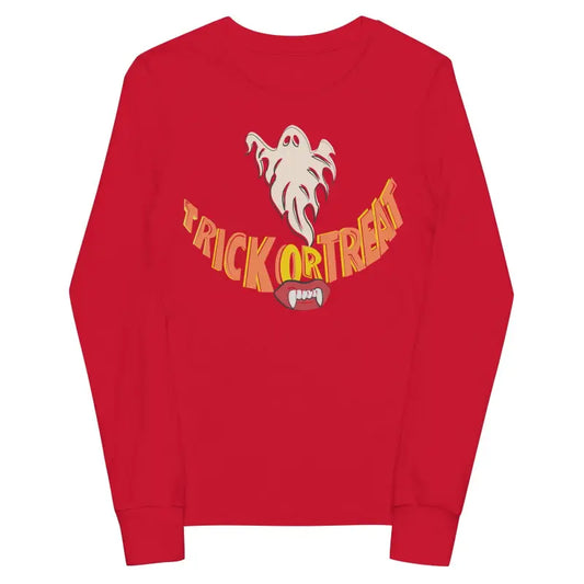 Red sweatshirt featuring a ghost and Trick or Treat design for Smiles Youth unisex style