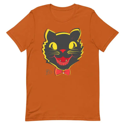 Orange vintage cat unisex tee featuring a black cat face with yellow eyes and a bow tie