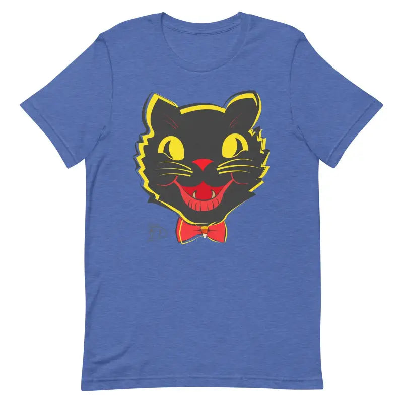 Blue Vintage Cat Unisex Tee featuring a black cat face with yellow eyes and red bow tie