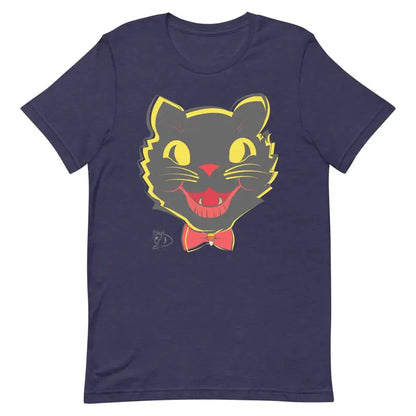 Navy blue vintage cat unisex t-shirt with cartoon black cat face and red bow tie