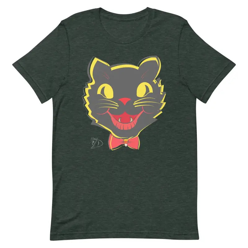 Dark green vintage cat unisex t-shirt with black cat face, yellow eyes, and red bow tie