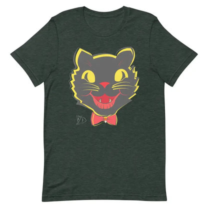 Dark green vintage cat unisex t-shirt with black cat face, yellow eyes, and red bow tie