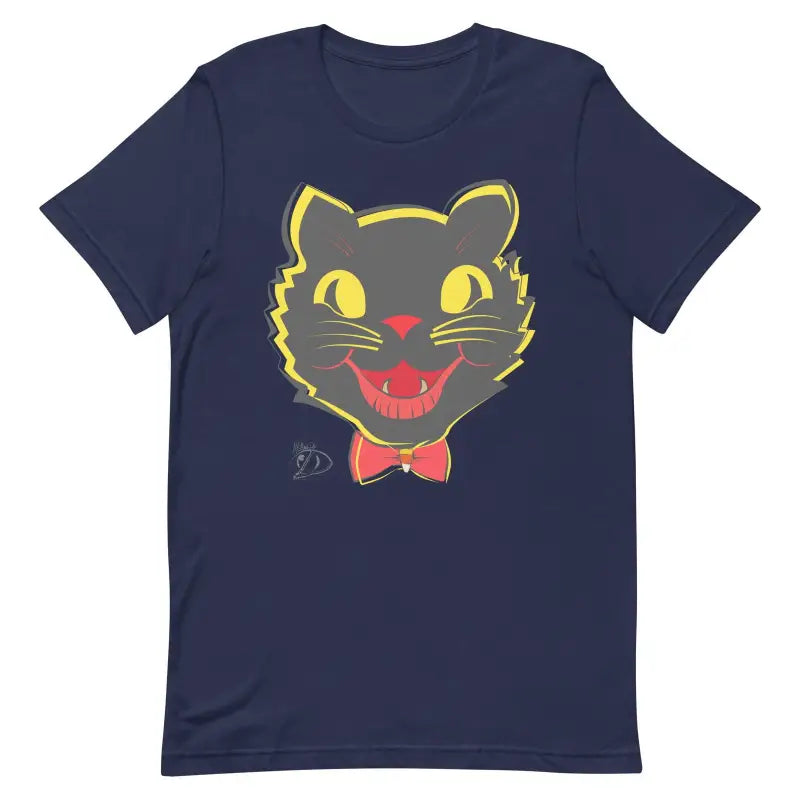 Navy blue vintage cat unisex tee with black cat face, yellow eyes, and red bowtie