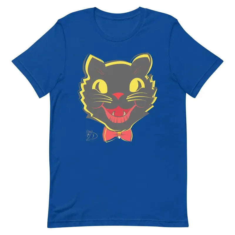 Royal blue vintage cat unisex t-shirt with black cat face, yellow eyes, and red bow tie