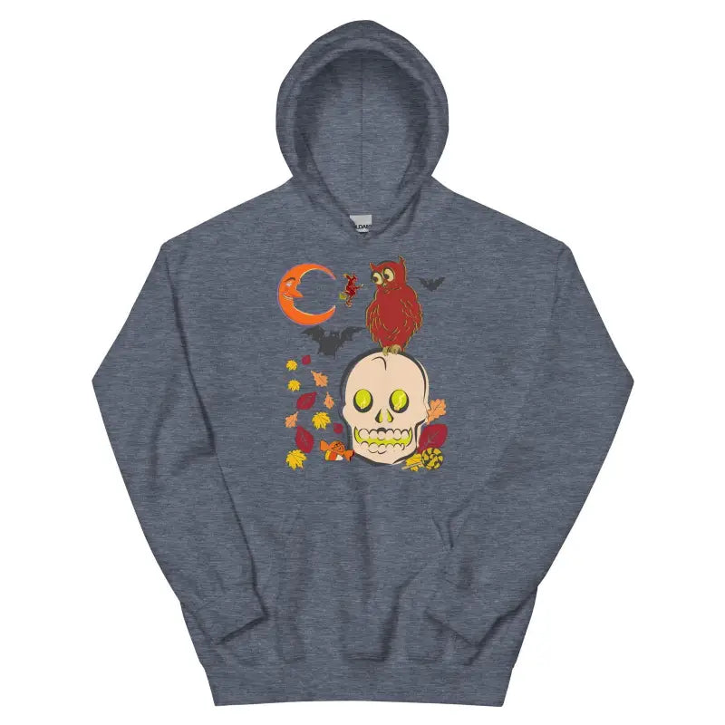 Dark heather gray owl unisex hoodie with whimsical skull and red bird autumn design