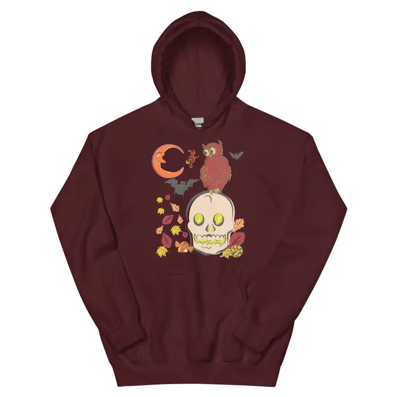 Maroon unisex hoodie for chilly nights featuring owl on skull autumn scene design