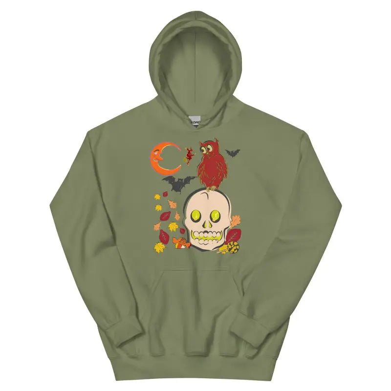 Military green hooded sweatshirt with skull owl design, perfect for chilly nights