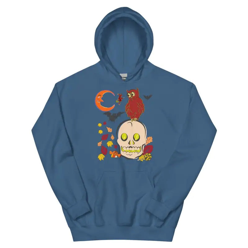 Indigo blue Skull Owl Unisex Hoodie showcasing whimsical allure with autumn design