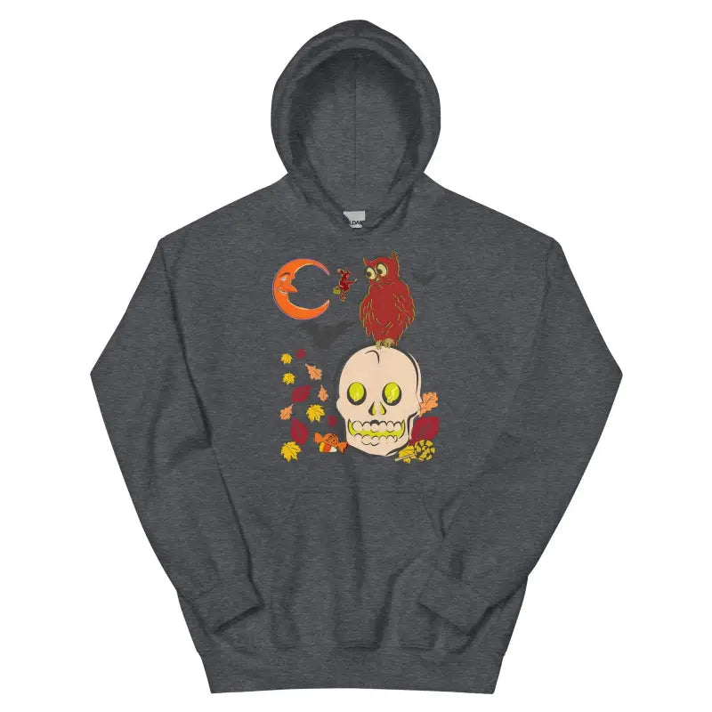 Dark gray unisex hoodie for chilly nights featuring owl on skull autumn scene design