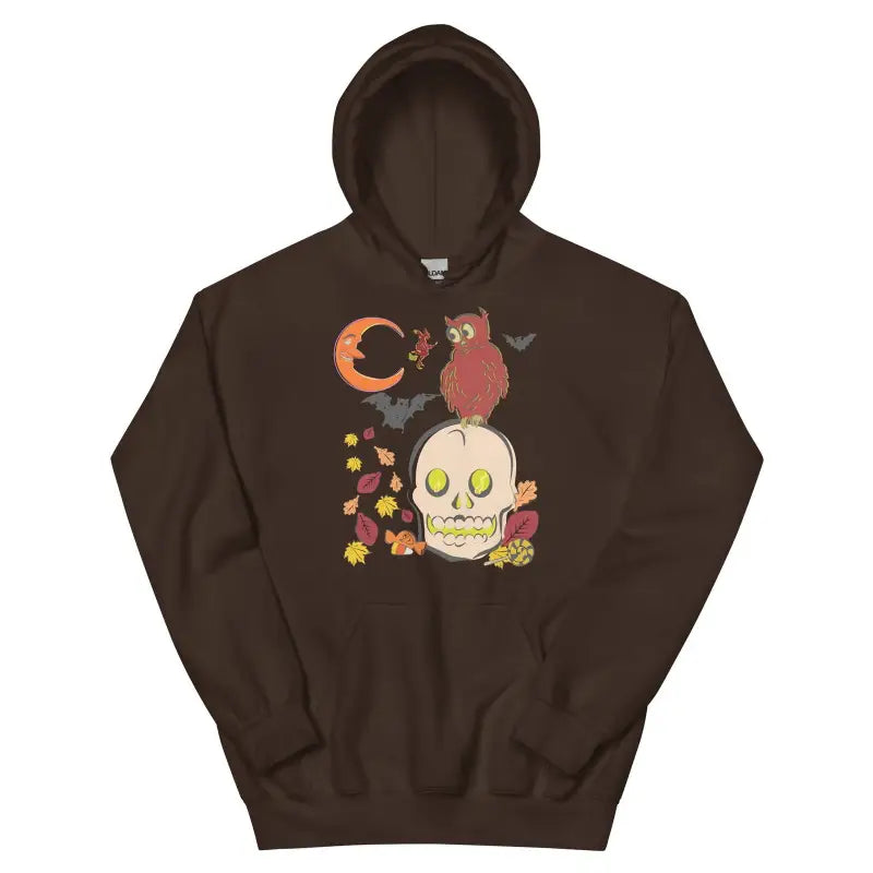 Brown hooded sweatshirt featuring an owl on skull autumn scene for fall comfort