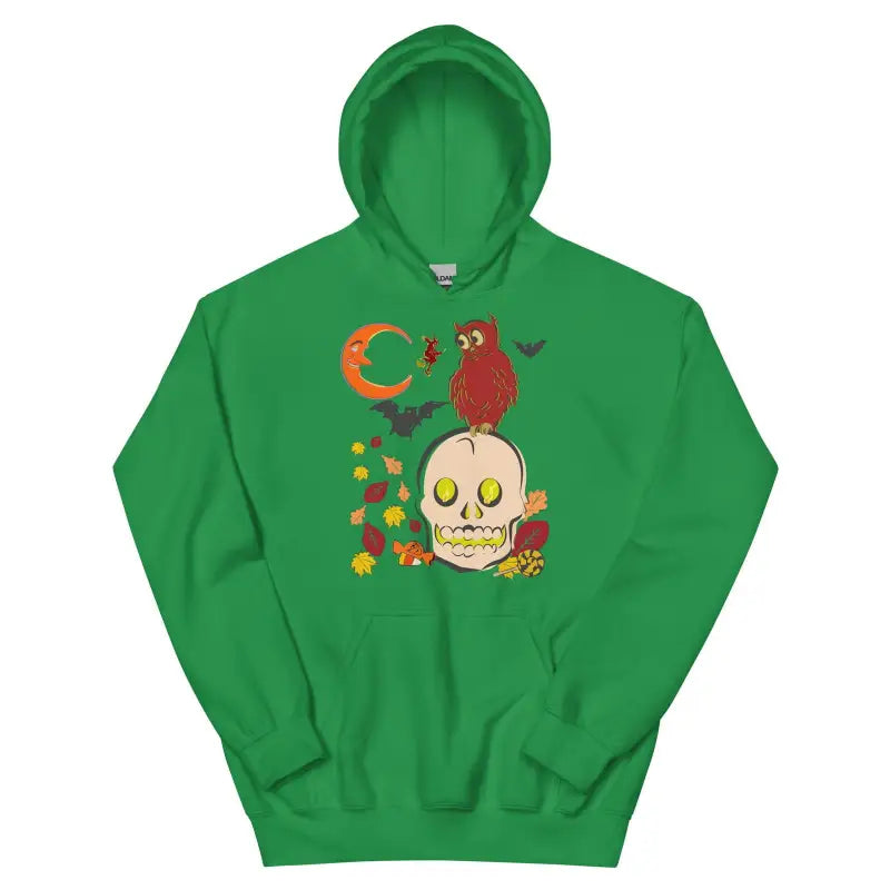 Green hooded sweatshirt with owl on skull autumn scene for cozy fall nights