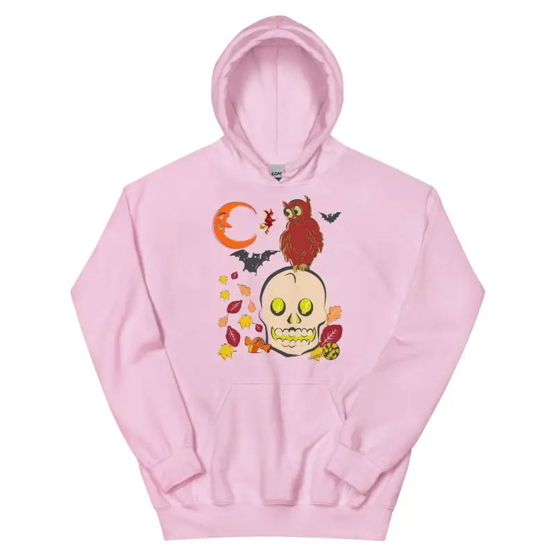 Pink unisex hoodie for chilly nights featuring owl on skull autumn scene design