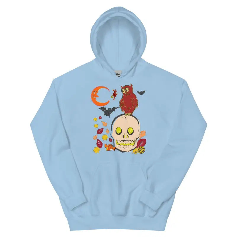 Light blue unisex hoodie for chilly nights with owl on skull autumn scene design