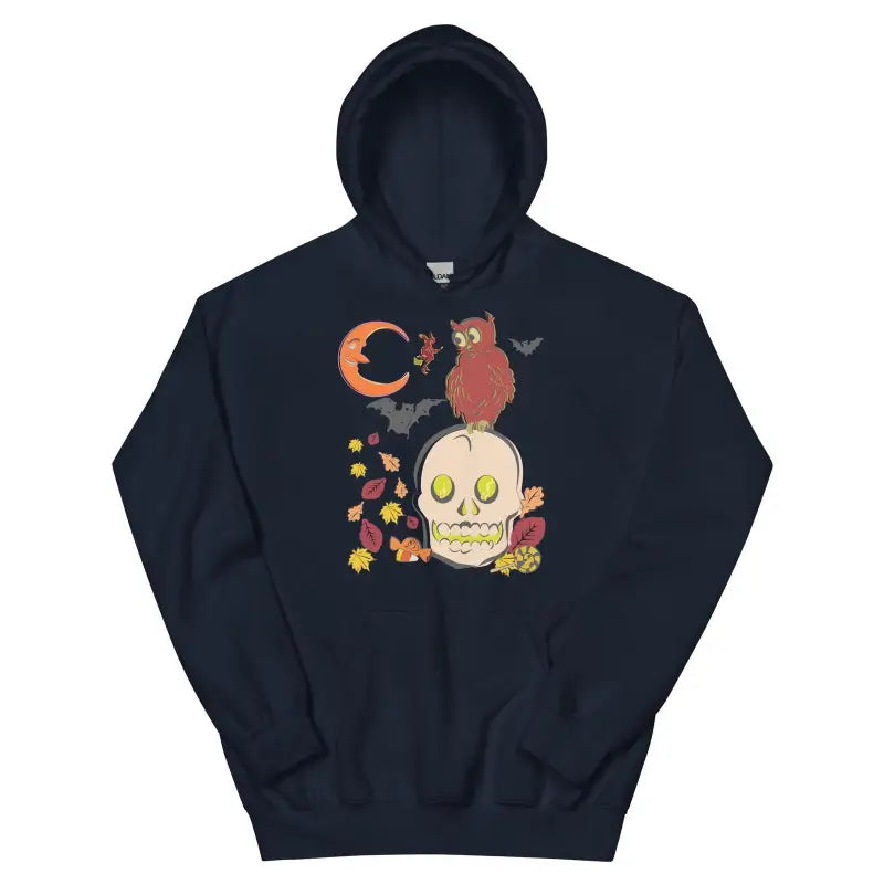 Black hoodie sweatshirt featuring a skull owl unisex design with autumn leaves and crescent moon