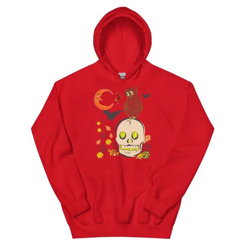 Red hoodie sweatshirt featuring a skull owl unisex design with owl and moon for chilly nights