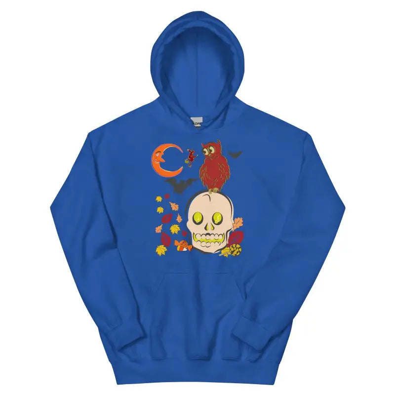 Royal blue skull owl unisex hoodie with whimsical autumn leaves design for chilly nights