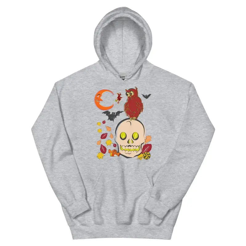 Grey unisex hoodie for chilly nights featuring owl on skull autumn scene design