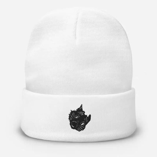 White knit beanie with embroidered spooky cat design and kitty head for cozy style