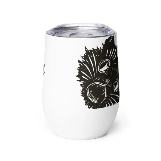 White insulated wine tumbler featuring a black fish design for the Kitty Head collection