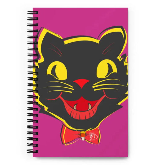 Whimsical Whiskers Vintage Cat Spiral Notebook with Flamingo Flair showcasing a black cat design