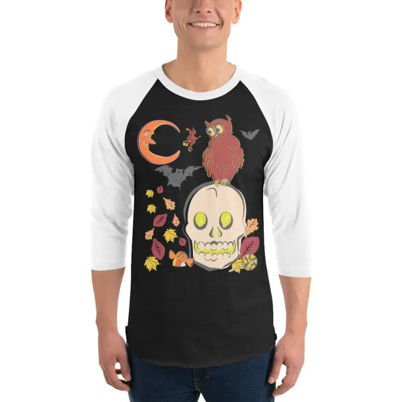 Baseball-style 3/4 sleeve raglan shirt featuring a haunted harvest skull and owl design