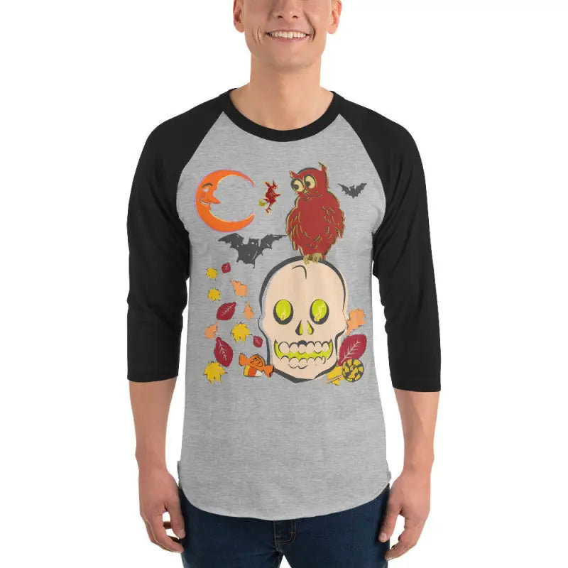 Baseball-style 3/4 sleeve raglan shirt featuring Halloween skull, owl, bats, and crescent moon