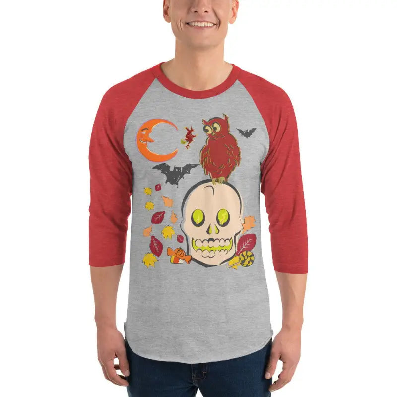 Baseball-style 3/4 sleeve raglan shirt featuring haunted harvest Halloween skull artwork