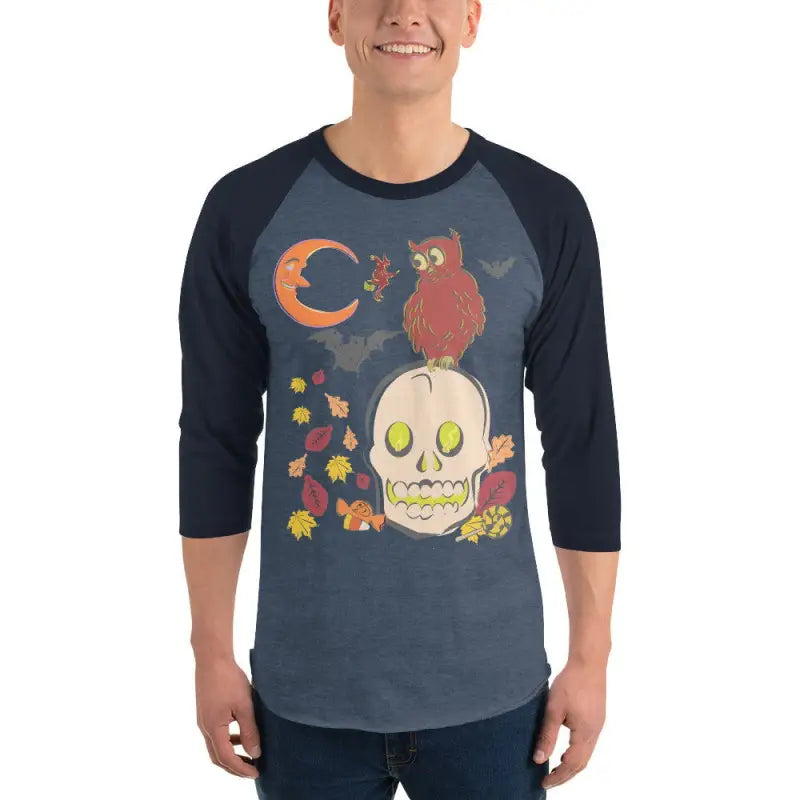 3/4 Sleeve Raglan Shirt featuring haunted harvest artwork with a skull, owl, and moon