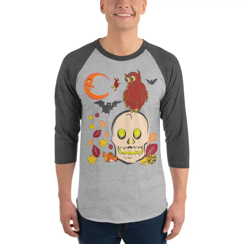 Gray and charcoal 3/4 sleeve raglan shirt showcasing Halloween skull, owl, bats, and moon