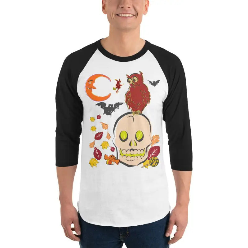 Baseball-style sleeve raglan shirt featuring Halloween skull, owl, bats, and autumn leaves