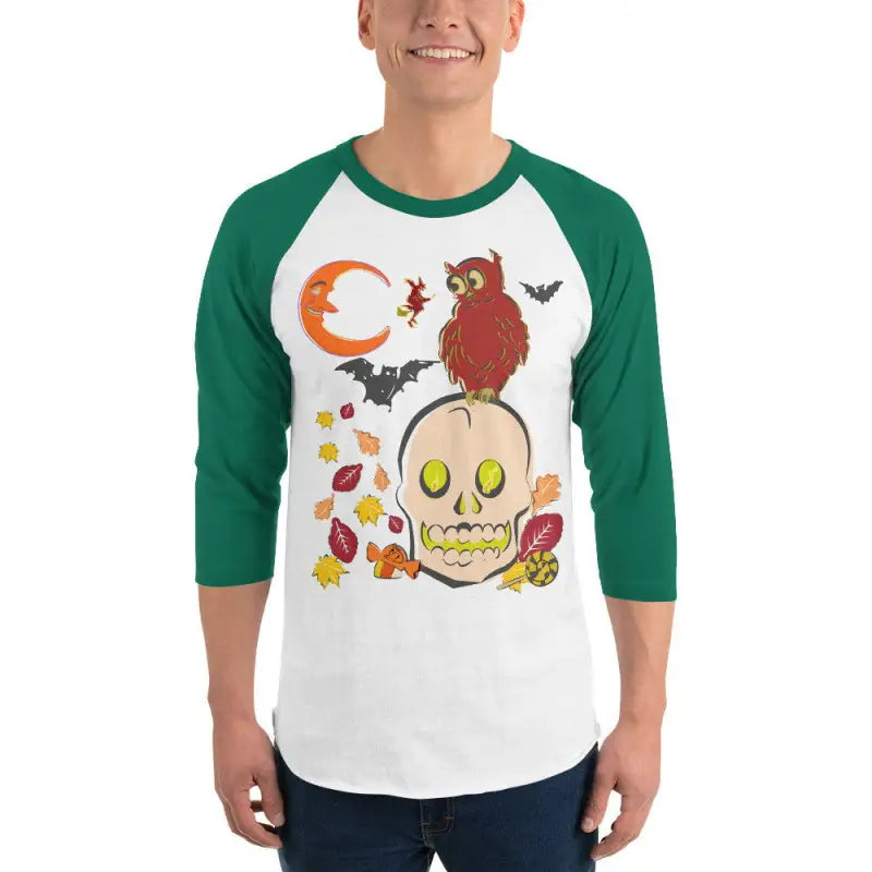 Baseball-style 3/4 sleeve raglan shirt featuring Halloween skull and owl design for Haunted Harvest