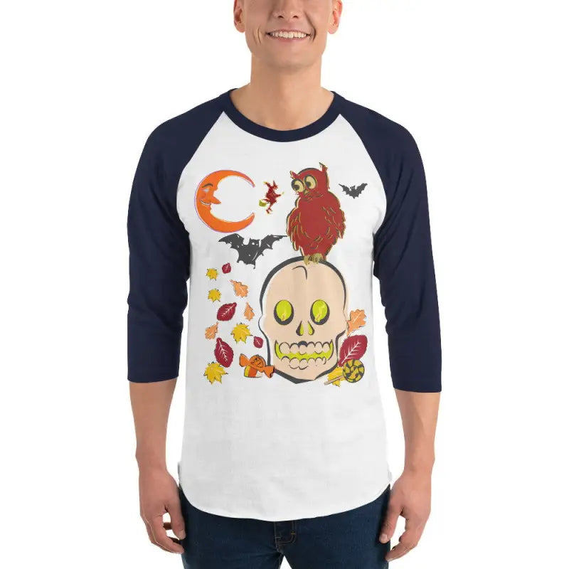 Baseball-style 3/4 sleeve raglan shirt featuring Halloween skull and owl design for haunted harvest