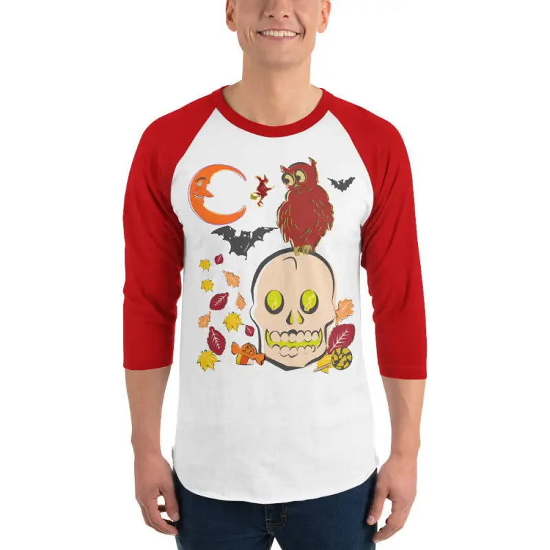 Baseball-style 3/4 sleeve raglan shirt featuring Halloween skull and owl for Haunted Harvest