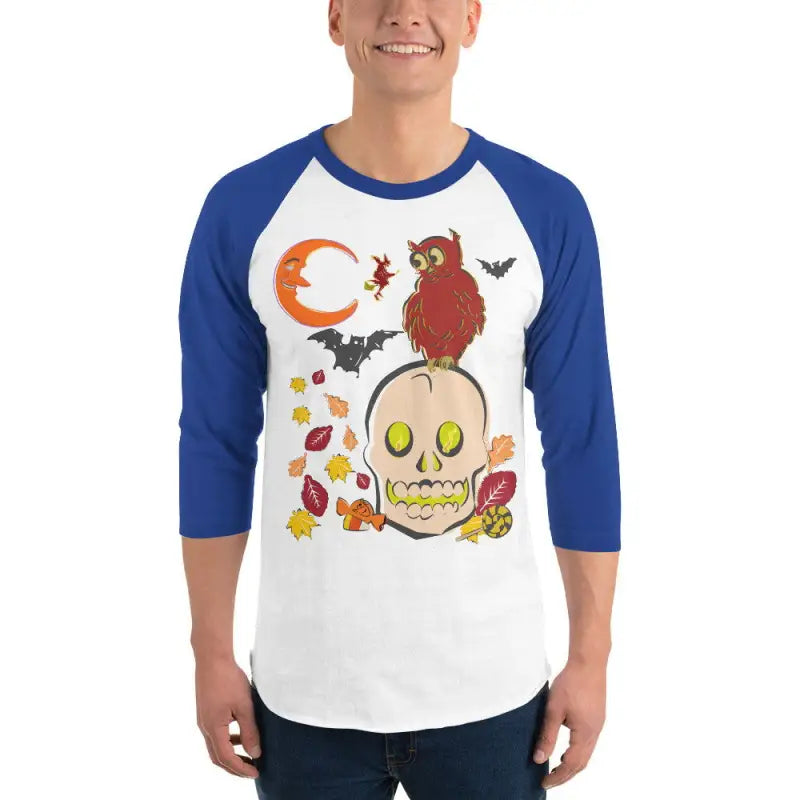 Baseball-style 3/4 sleeve raglan shirt featuring Halloween skull and owl design for Haunted Harvest