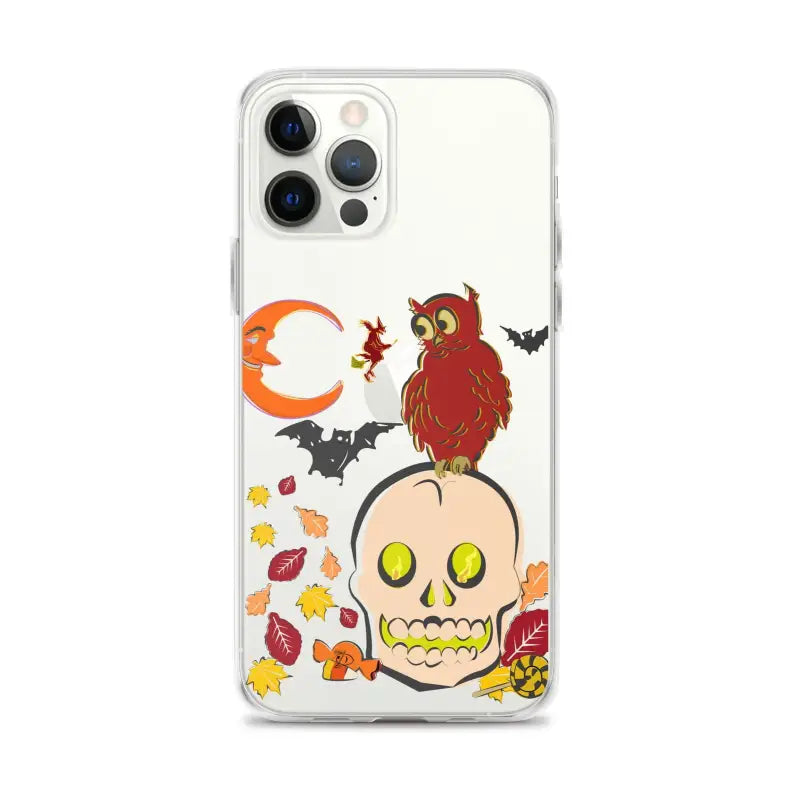 Clear iPhone case featuring cartoonish skull, owl, bats, and leaves for Haunted Harvest