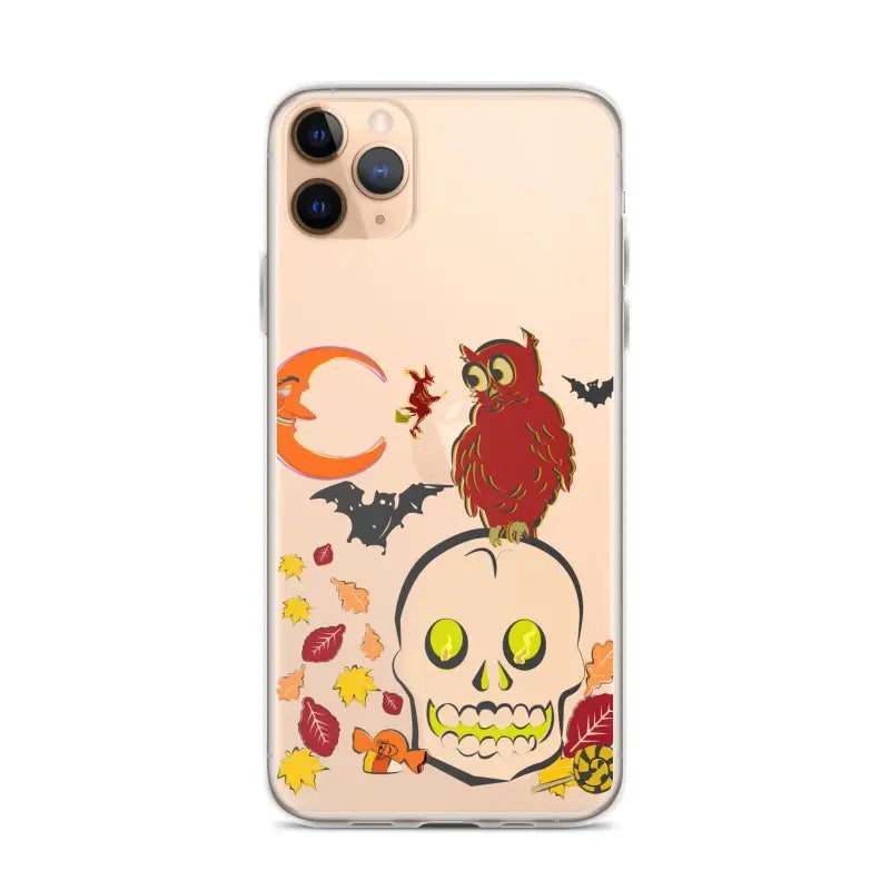 Halloween-themed iPhone case showcasing cartoonish skull, owl, bats, and autumn leaves