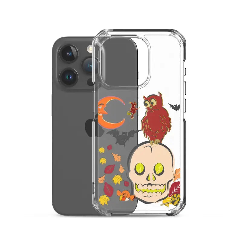 Clear phone case featuring Halloween skull, owl, bats, and leaves for Haunted Harvest collection